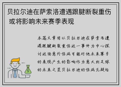 贝拉尔迪在萨索洛遭遇跟腱断裂重伤 或将影响未来赛季表现